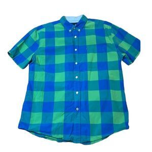 Tommy Hilfger Blue Green Plaid Button Down Short Sleeve Shirt